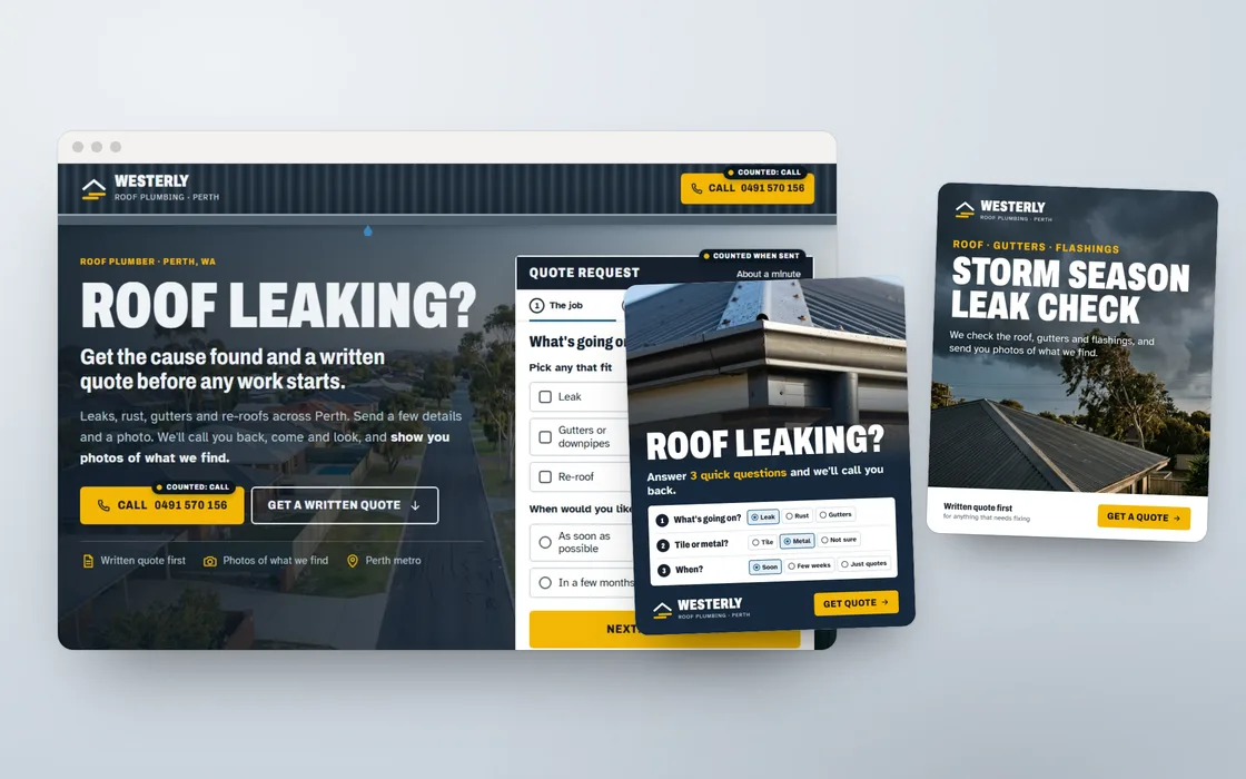 Concept build for Westerly Roof Plumbing: the quote page with two of its lead ads