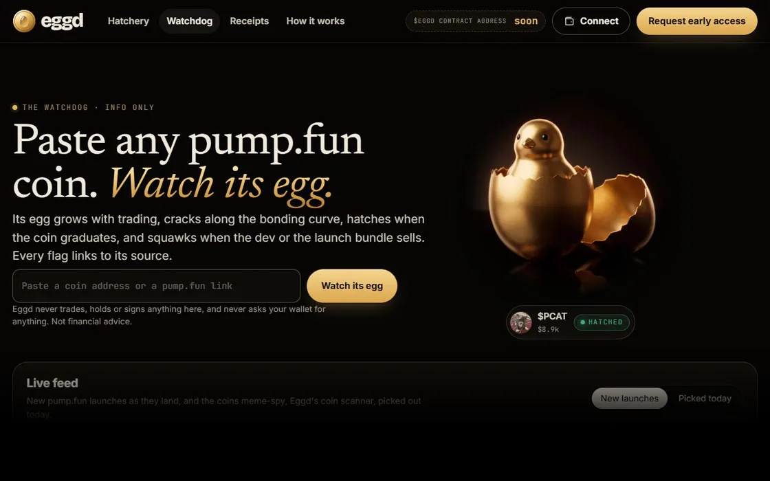 The eggd.fun Watchdog page: Paste any pump.fun coin. Watch its egg.