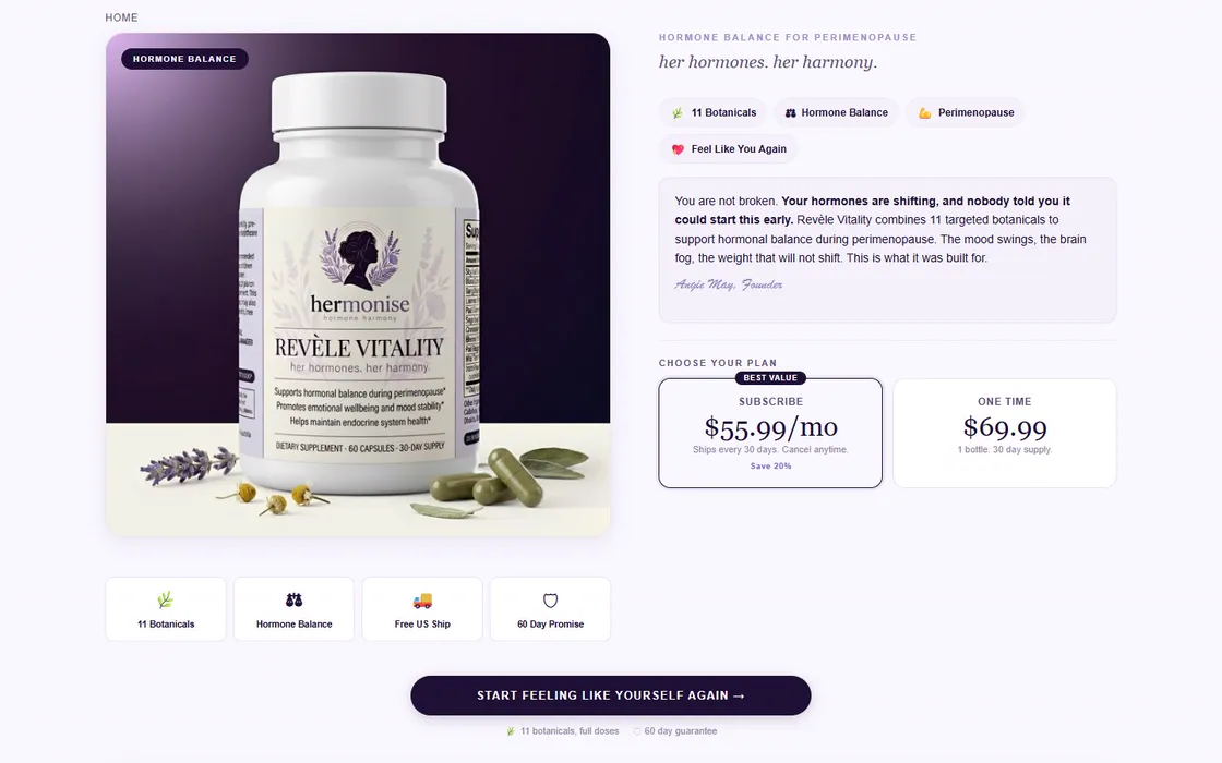 The Hermonise product page for Revele Vitality, with subscribe and one-time plans