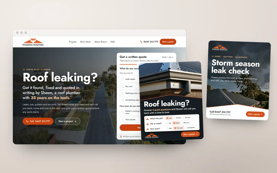 The Phoenix Roofing lead site with two of its Meta lead ads